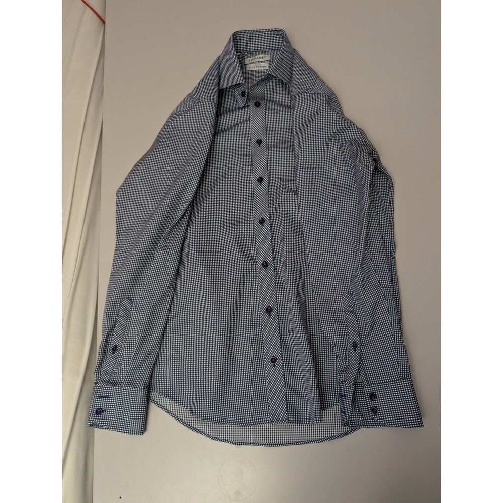 Twillory Safe Cotton Dress Shirt Men 15 32/33 Tailored Fit Blue Gingham Non Iron